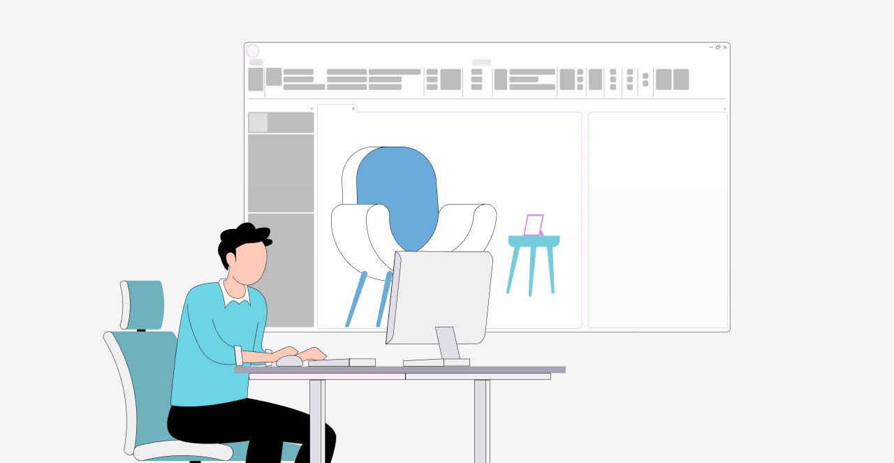 Um homem sentado na frente de uma escrivaninha utilizando um computador com um software BIM 