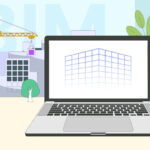 Open laptop in the foreground with a plant pot nearby. In the background, two trees, buildings, and a construction crane, representing the world of architecture and engineering.