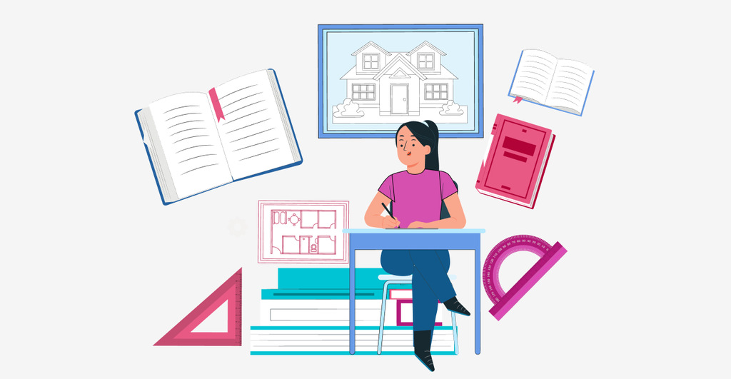 Ilustración de un estudiante en su escritorio con libros, planos arquitectónicos y herramientas de medición — representa el aprendizaje de Revit y diseño arquitectónico.