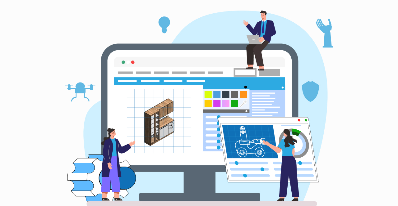 "Collaborative design session with digital tools: computer, laptop, blueprint, and 3D model."