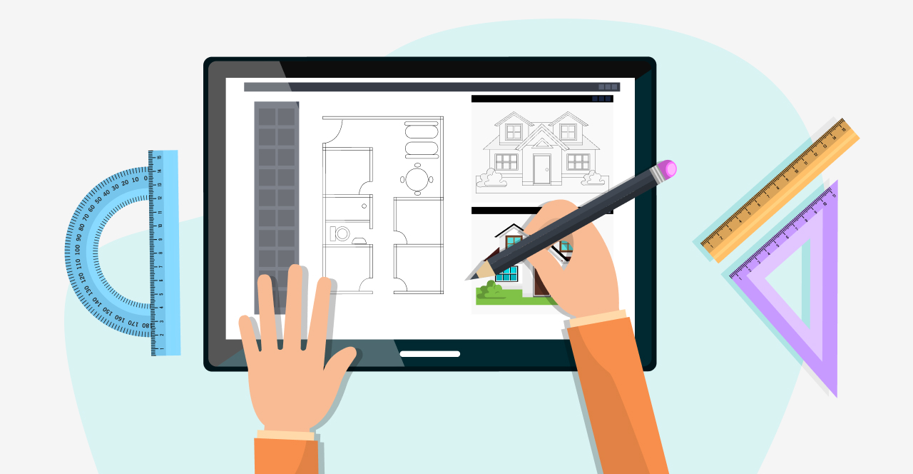 Ilustração de uma pessoa desenvolvendo um projeto de interiores com um tablet e uma caneta digitalizadora