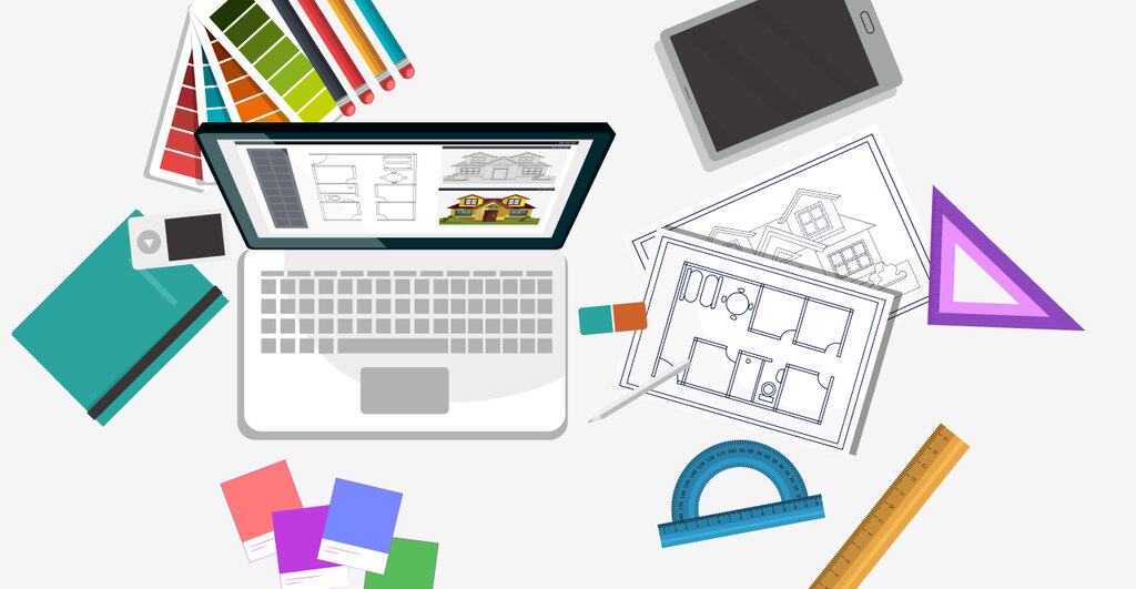 Ilustración del espacio de trabajo de un arquitecto o diseñador, con una laptop mostrando planos arquitectónicos, bocetos, herramientas de dibujo, muestras de color y una tableta. La composición refleja el proceso creativo y técnico de diseñar espacios funcionales y estéticos.