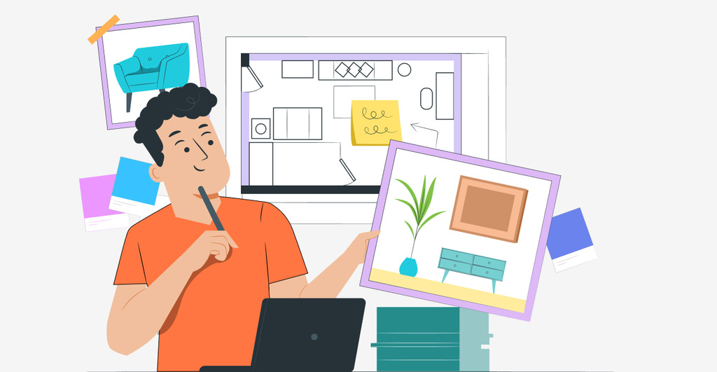 Ilustración de un diseñador de interiores planificando cuidadosamente un espacio, sosteniendo un panel de concepto mientras observa un plano en la pantalla. Muestras de color, bocetos de mobiliario e ideas de decoración rodean su área de trabajo, reflejando el proceso creativo del diseño de interiores.