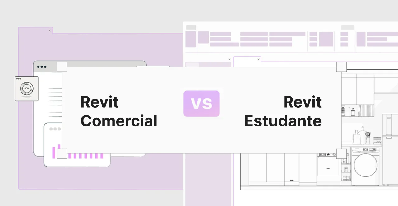 Revit Commercial vs Revit Estudante comparison graphic with architectural design elements.