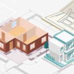 Ilustración isométrica de un proyecto arquitectónico que muestra una casa en construcción, un edificio moderno de dos plantas terminado y planos arquitectónicos de fondo. La imagen representa el proceso de diseño y planificación urbana, incluyendo planos de planta, alzados y detalles constructivos.