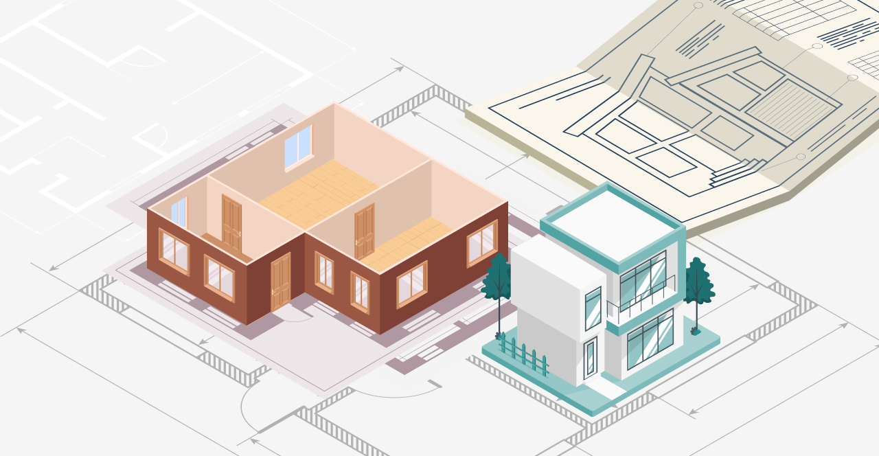 Ilustración isométrica de un proyecto arquitectónico que muestra una casa en construcción, un edificio moderno de dos plantas terminado y planos arquitectónicos de fondo. La imagen representa el proceso de diseño y planificación urbana, incluyendo planos de planta, alzados y detalles constructivos.