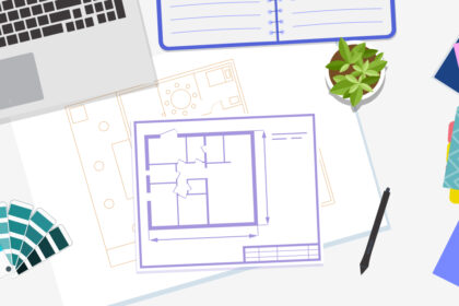 Ilustração de uma mesa com um planta baixa no centro e elementos que remetem a design de interiores, como um notebook, caneta digitalizadora e uma paleta de cores.