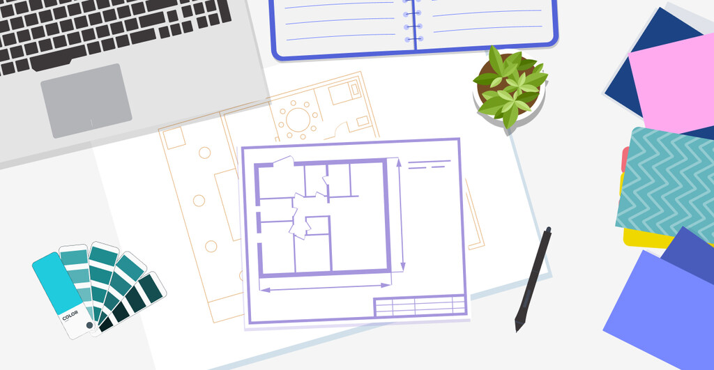 Ilustración de una mesa de trabajo de diseño de interiores con una computadora portátil, plano arquitectónico, paleta de colores y materiales de referencia. La imagen representa el proceso creativo de planificación y conceptualización de espacios interiores.