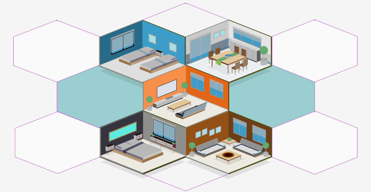 Isometric illustration of various interior spaces, including bedrooms, living rooms, dining area, and lounge, showcasing different layout and furniture arrangements in an interior design project.