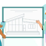Ilustración de dos profesionales de la arquitectura, con cascos de obra, revisando un plano técnico de una vivienda moderna en una pizarra. La imagen representa el concepto de planificación y presupuesto en proyectos arquitectónicos.