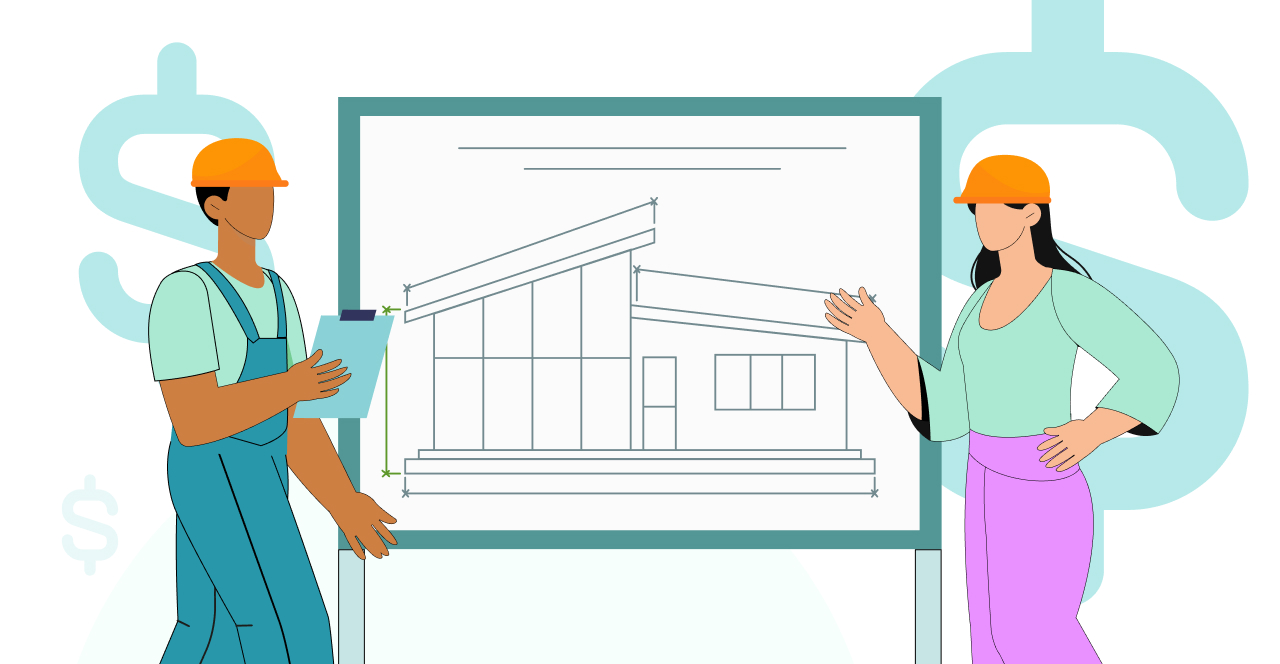 Ilustración de dos profesionales de la arquitectura, con cascos de obra, revisando un plano técnico de una vivienda moderna en una pizarra. La imagen representa el concepto de planificación y presupuesto en proyectos arquitectónicos.