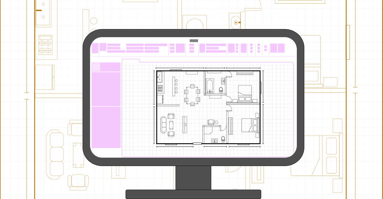 llustración de una planta arquitectónica digital en la pantalla de un ordenador — ejemplo de visualización de maqueta electrónica en software de diseño 2D.