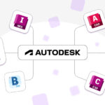 Diagrama visual con el logo de Autodesk en el centro, conectado a los iconos de sus principales programas: Revit (RVT), BIM 360 (B360), InfraWorks (IWX), AutoCAD (CAD), Civil 3D (C3D) y Navisworks (MAN), sobre fondo morado.