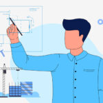 Ilustración de un estudiante dibujando un plano arquitectónico en una pantalla, rodeado de iconos relacionados con la construcción y el software Revit. Representación conceptual del uso de Revit para modelado BIM en arquitectura e ingeniería.