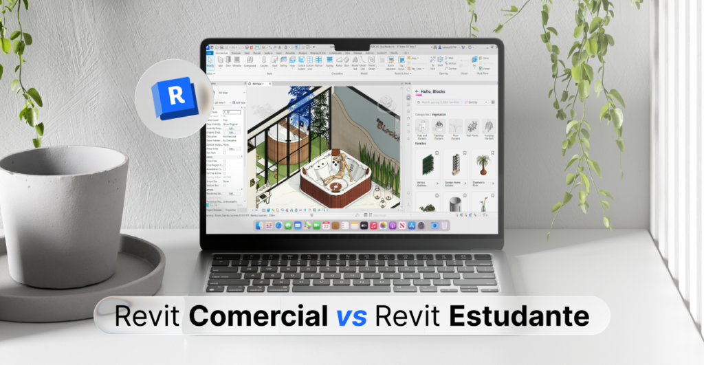 Imagem mostrando um laptop com projeto de design de ambiente externo usando Revit, comparando modelos para uso estudantil e comercial, com foco em arquitetura e construção.