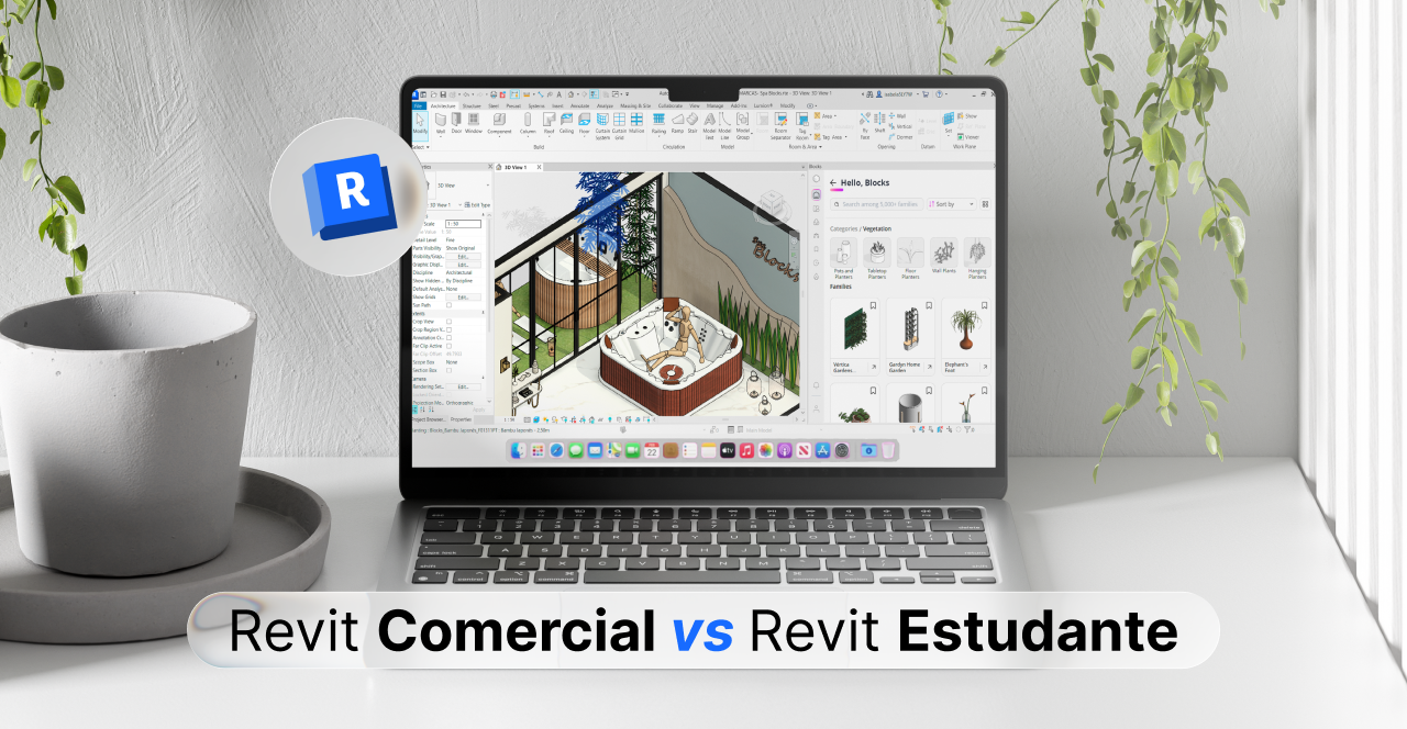 Imagem mostrando um laptop com projeto de design de ambiente externo usando Revit, comparando modelos para uso estudantil e comercial, com foco em arquitetura e construção.