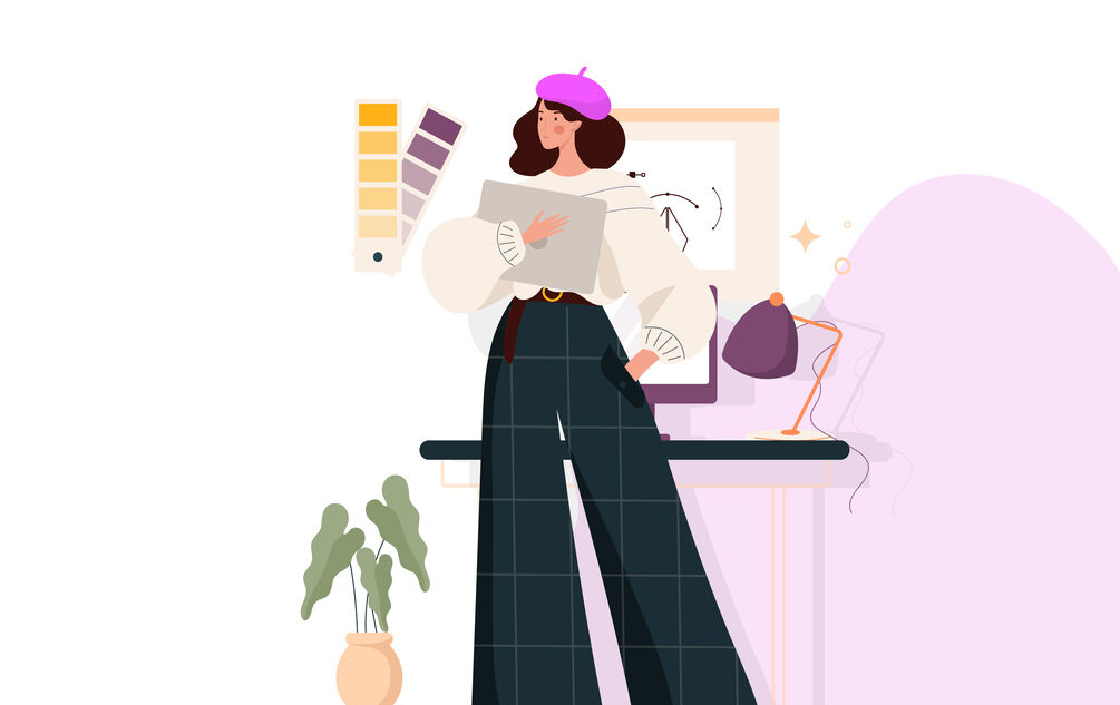 Diseñadora con gorro violeta, planos en la mano, en un estudio con pizarrón y lámpara.