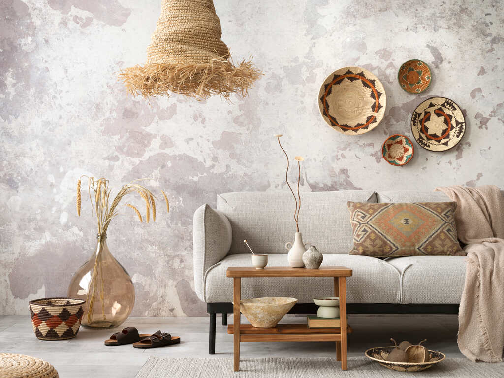 Sala com elementos decorativos de artesanato em palha e peças de cerâmica, sofá cinza claro e mesa de centro de madeira – projeto de interiores com toque artesanal e cultural.