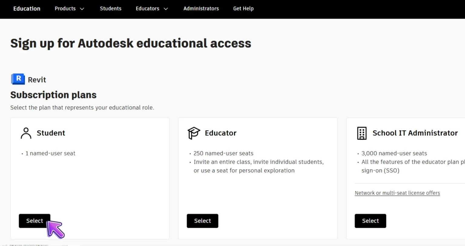 Tela de cadastro para acesso educacional da Autodesk, apresentando opções de planos para estudantes, educadores e administradores de TI escolar.