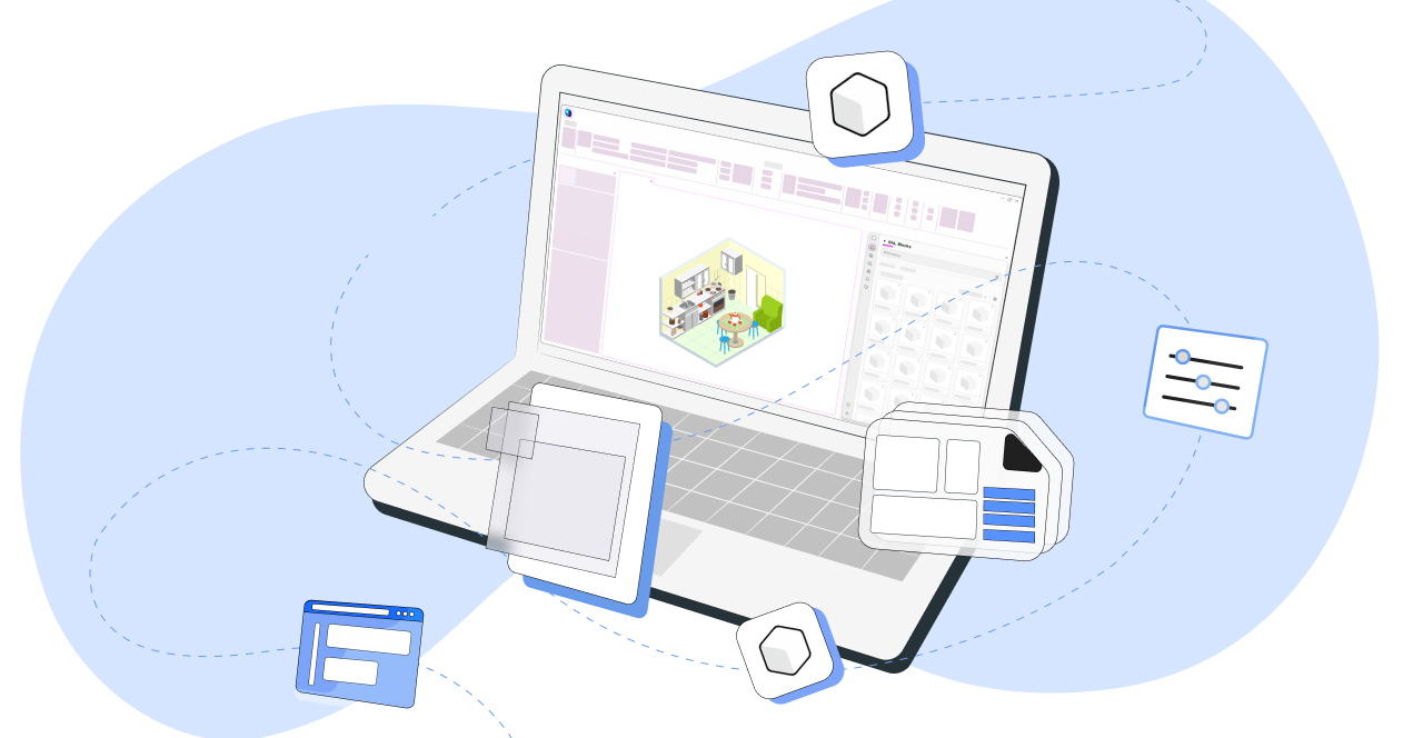 Ilustração de notebook com ícones de plugin revit em volta