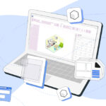 Imagen de un ordenador portátil abierto con un modelo 3D en su pantalla. Alrededor del portátil hay varios símbolos: el logotipo de la empresa Blocks, una tarjeta SIM, un avión de papel (que simboliza el reenvío de mensajes), un cubo 3D y archivos, todos interconectados por una línea discontinua.
