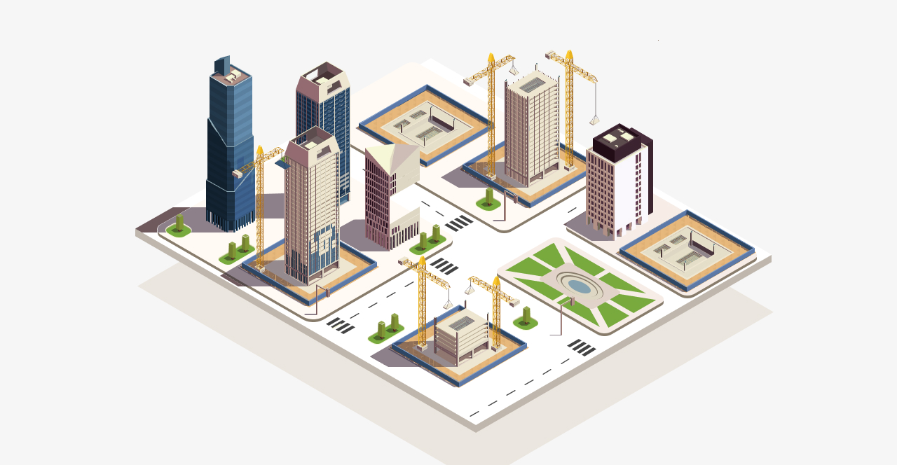 Vista isométrica de una maqueta electrónica urbana con rascacielos, grúas y zonas verdes — representación digital de un proyecto de planificación arquitectónica.