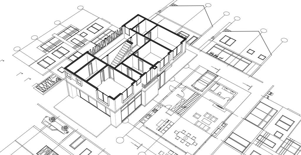 3D architectural drawing showing a cutaway view of a modern residential building, overlaid with technical floor plans for space planning and layout design.