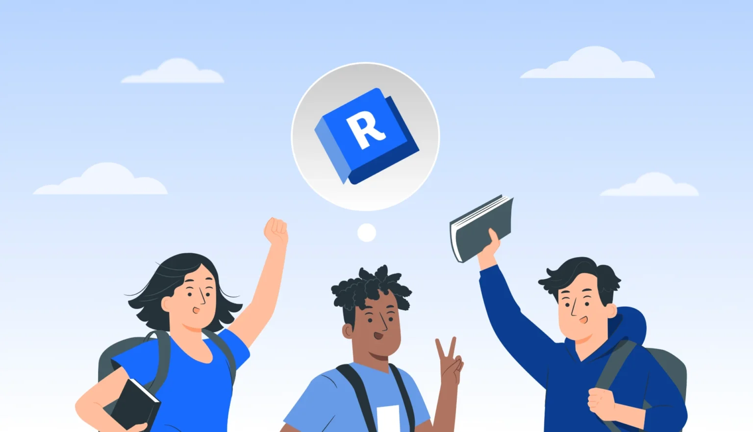 Três estudantes universitários sorridentes com mochilas, compartilhando conhecimento e informações com a palavra-chave "R" acima deles, simbolizando aprendizagem e inovação.