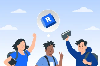 Três estudantes universitários sorridentes com mochilas, compartilhando conhecimento e informações com a palavra-chave "R" acima deles, simbolizando aprendizagem e inovação.