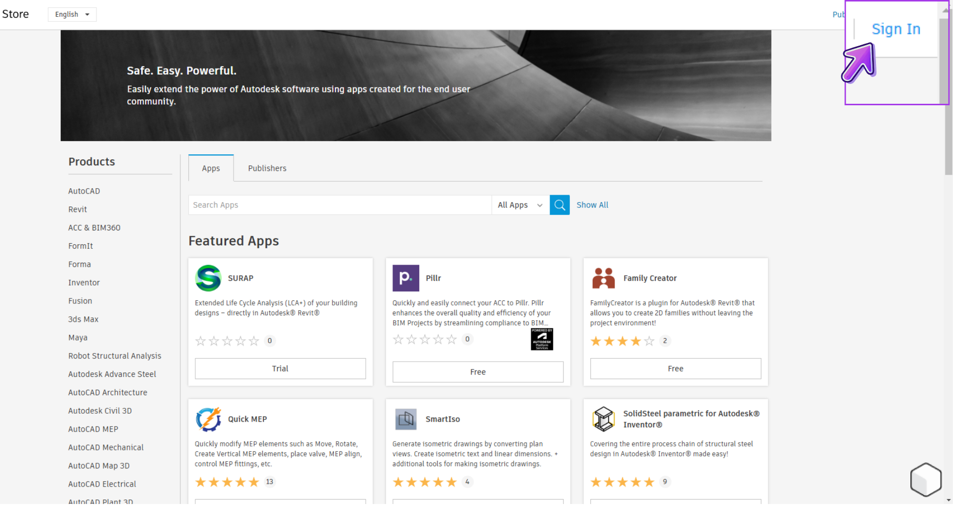 Autodesk App Store featuring various software extensions with sign-in prompt.