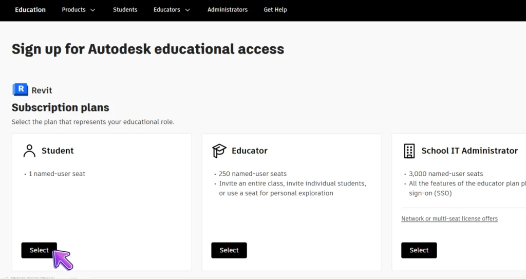 Captura de pantalla del sitio de Autodesk® mostrando los planes de suscripción educativa para acceder a Revit, con la opción “Student” seleccionada.