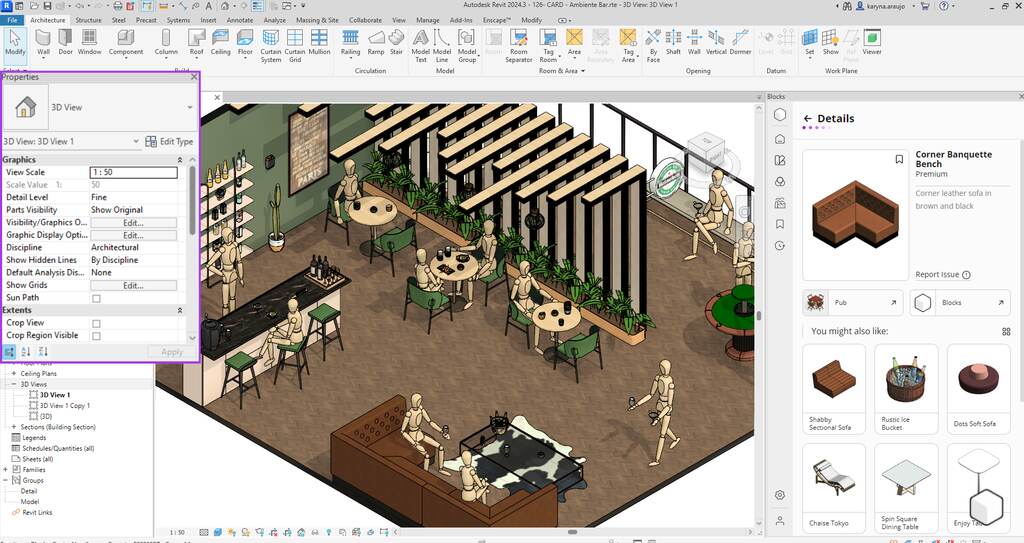 Screenshot of Autodesk Revit's interface showing the process of loading a Revit family into a project. The file explorer window is open, displaying a list of .rfa files. Purple-highlighted arrows point to the "Desktop" folder selection and the "Open" button. The Blocks plugin panel is visible on the right side of the screen.