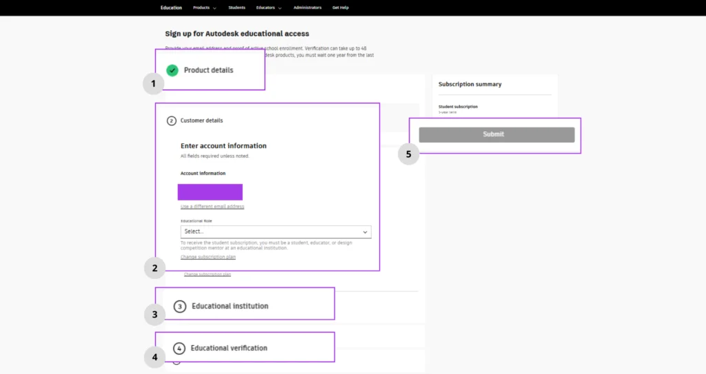 Pantalla del formulario de acceso educativo en el sitio de Autodesk®, con los pasos numerados para completar el registro: datos del producto, información del usuario, institución educativa, verificación académica y envío del formulario.