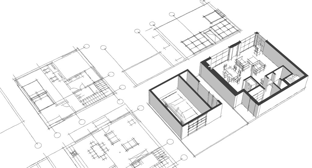 Boceto arquitectónico de planta baja con representaciones en 2D y 3D, mostrando la distribución de espacios interiores como dormitorios y comedor.