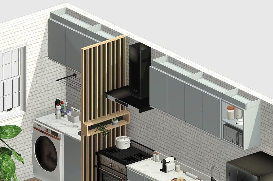 3D rendering of a compact kitchen and laundry layout, showing cabinetry, appliances, a cooktop, and shelving, designed to optimize space and functionality.