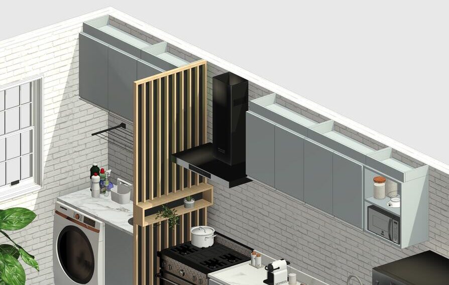 Vista isométrica de una cocina renderizada en 3D con electrodomésticos modernos, armarios superiores grises, una campana extractora negra y una estantería de listones de madera que separa los espacios. También se observan una lavadora, una cafetera y una encimera con utensilios de cocina.