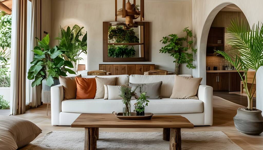 Sala de estar com sofá branco, almofadas coloridas e diversas plantas, integrando espaços internos e externos – projeto de interiores com elementos naturais e aconchegantes.