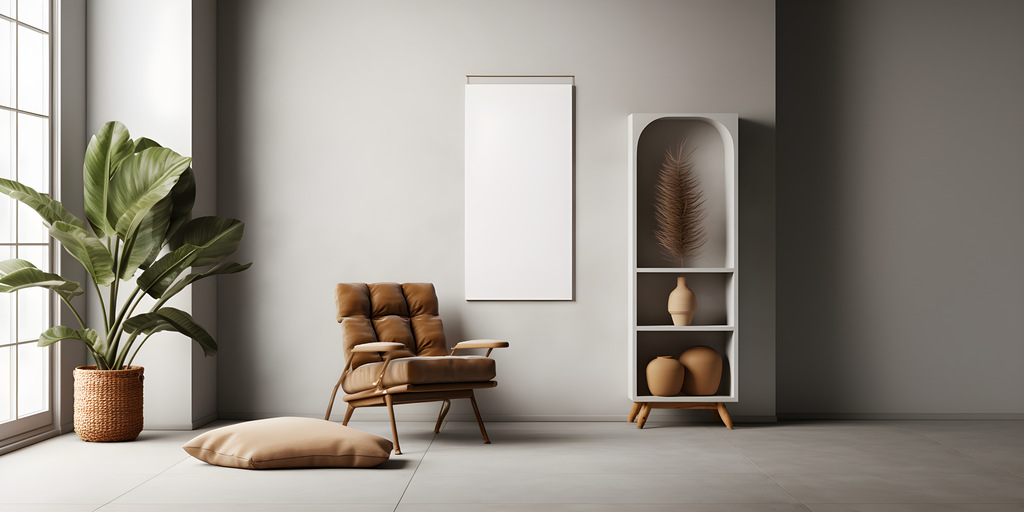 Canto de leitura minimalista em tom neutro com poltrona de couro e planta decorativa ao lado de uma estante branca – exemplo de projeto de interiores com estilo moderno e elegante.