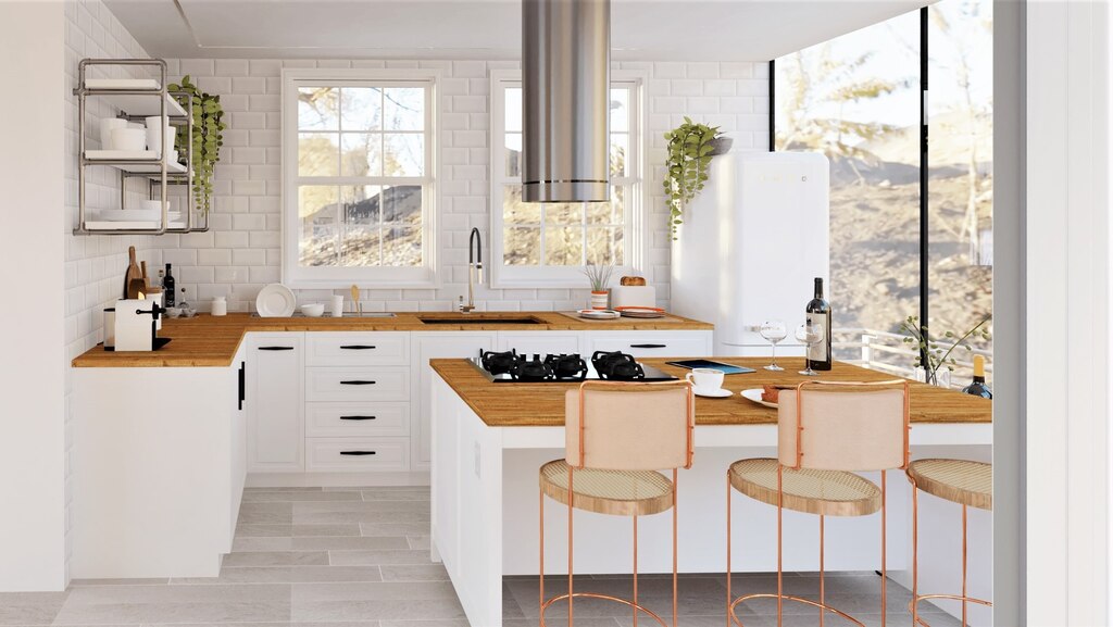 Cocina moderna con distribución funcional, mostrando fregadero, encimera y nevera organizados en un triángulo eficiente, ideal para ilustrar un buen layout gráfico en proyectos de arquitectura.