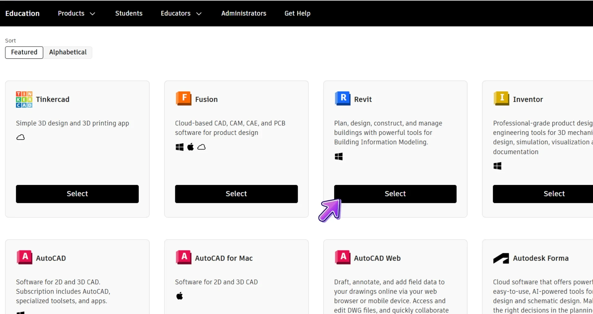 Imagens de softwares de design e modelagem 3D como Tinkercad, Fusion, Revit, Inventor, AutoCAD, AutoCAD para Mac, AutoCAD Web e Autodesk Forma, utilizados na educação e na engenharia técnica.