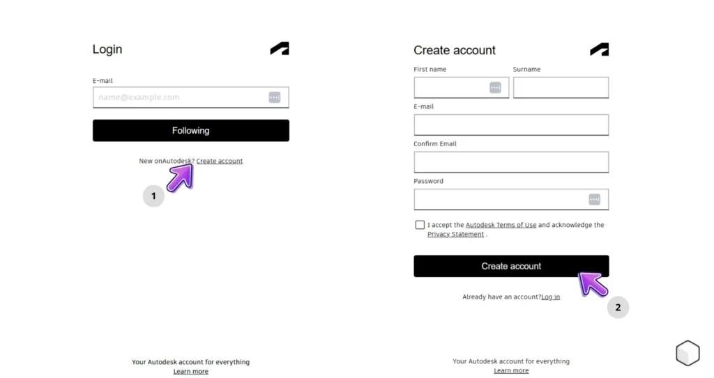 Imagem ilustrando a tela de login e criação de conta no Autodesk, mostrando os passos para criar uma conta nova e fazer login, com setas destacando os botões.