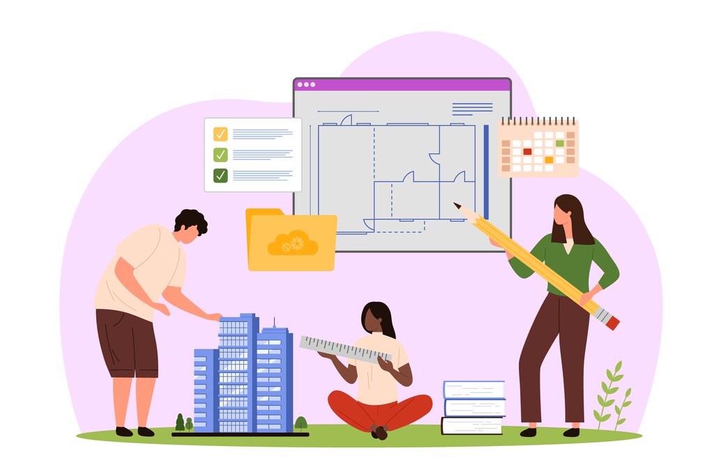 Tres personas trabajan en una construcción: uno con modelos arquitectónicos, otra con planos y la tercera revisa checklist y calendario.