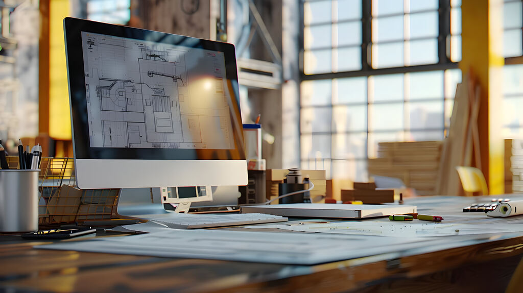 Um computador em uma escrivaninha com projetos em papel de arquitetura aberto na mesa com uym display de uma planta baixa aberto representando plugin revit