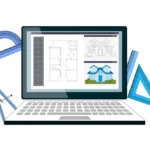 Portátil con planos de planta y elevaciones arquitectónicas en Revit, rodeado de herramientas de dibujo y el logotipo de Revit, representando el flujo de trabajo BIM.
