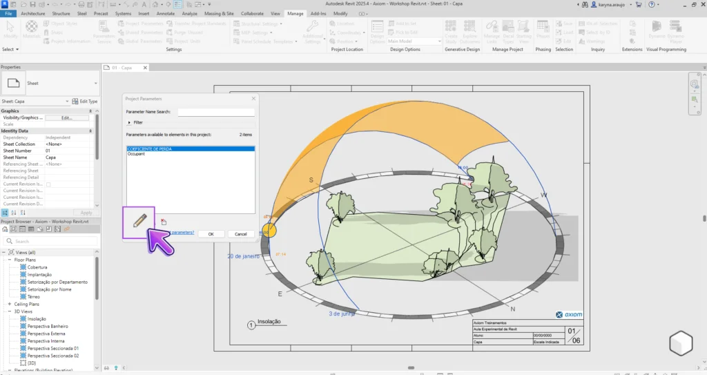 Revit 2025 window displaying the “Project Parameters” dialog box, with the pencil icon highlighted to edit existing parameter settings.