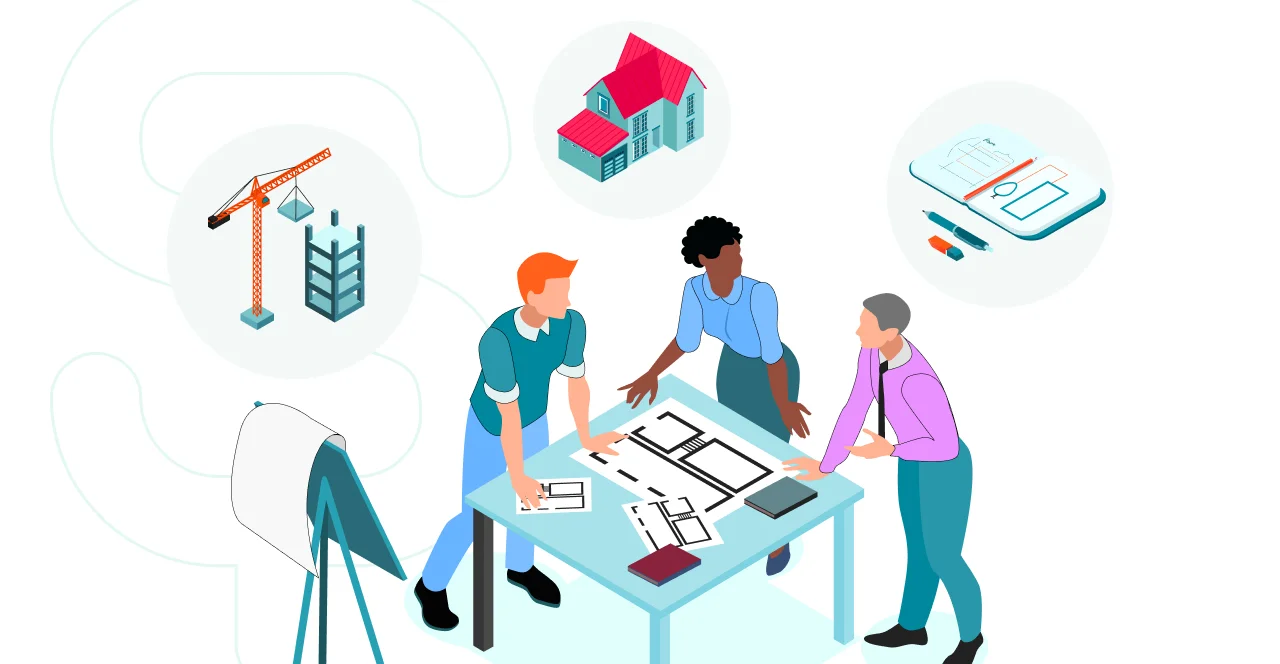 Three professionals discuss architectural plans at a table with construction-related icons.