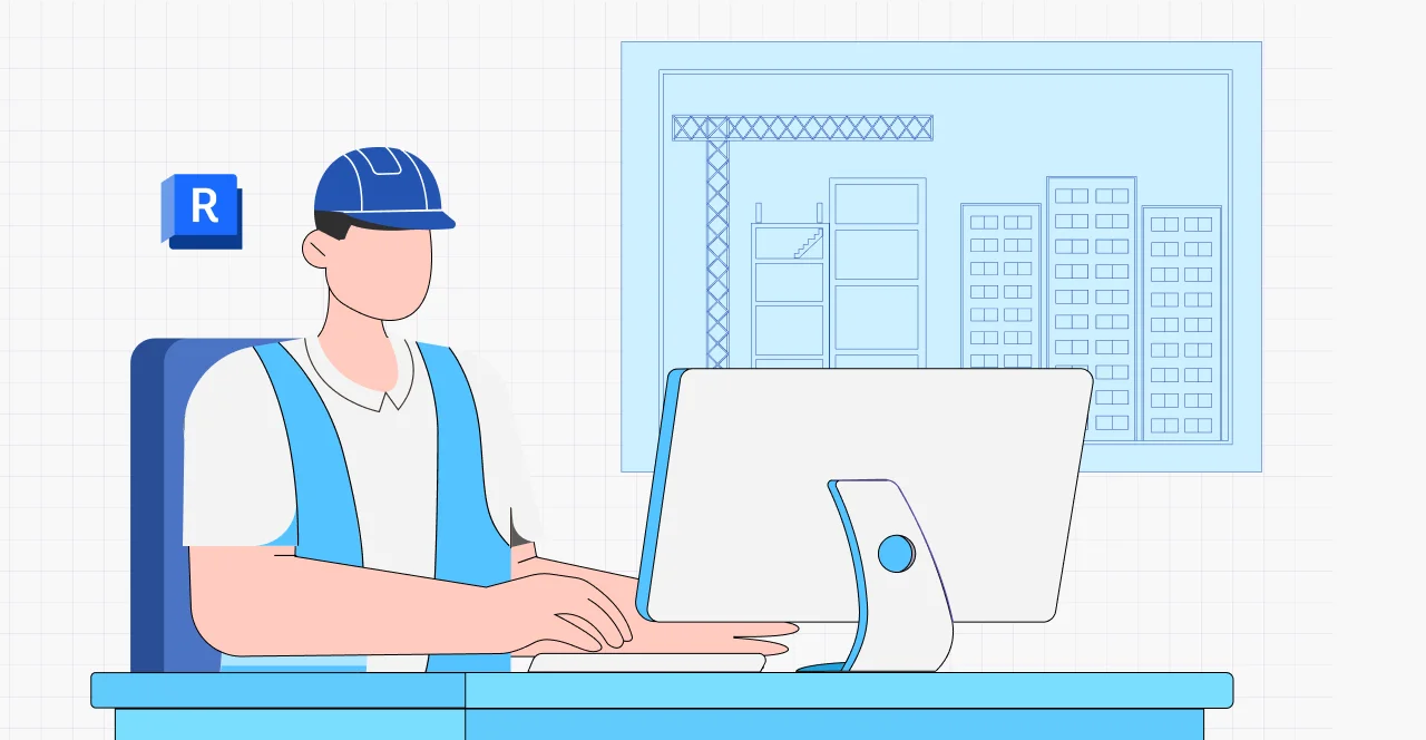 Illustration of an architect using BIM software on a desktop computer, with a construction blueprint and a crane in the background.