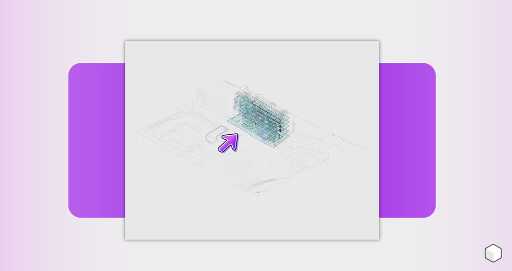 3D BIM model of a multi-story building with structural and MEP systems, displayed in a cutaway isometric view, integrated into a site plan using Autodesk Revit.