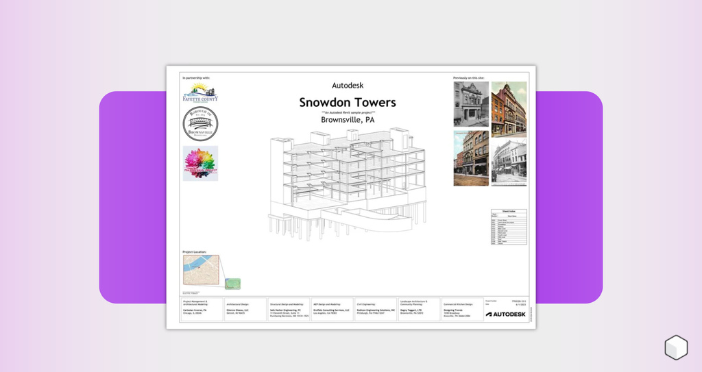 Autodesk Revit sample project sheet showing a 3D structural model of Snowdon Towers in Brownsville, PA, with architectural partners, project location, historic site photos, and BIM design team credits.