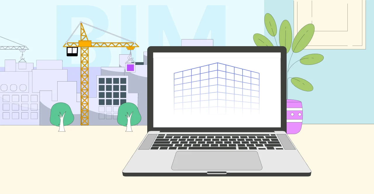 Laptop with building design software on screen, construction site background.